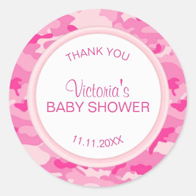 Personalisiert Pink Camouflage Girl Babydusche Dan Runder Aufkleber (Vorderseite)