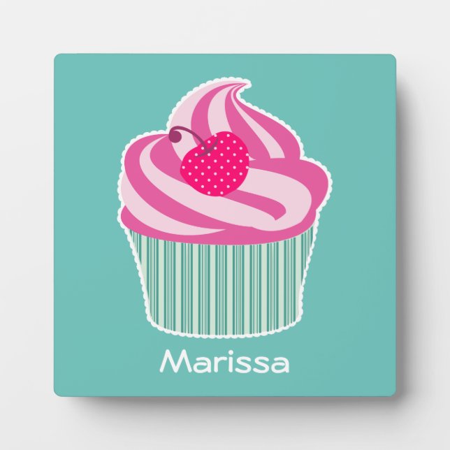 Personalisiert Pink Cupcake WIth Polka Dot Cherry Fotoplatte (Vorderseite)
