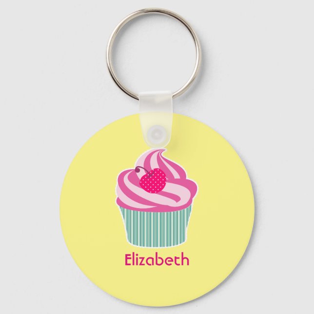 Personalisiert Pink Cupcake WIth Polka Dot Cherry Schlüsselanhänger (Vorderseite)