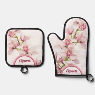 Personalisiert Pink Cymbidium Orchideus Ofenhandschuh & Topflappen-Set