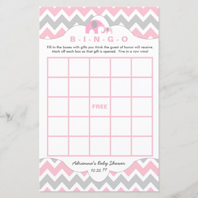 Personalisiert Pink Elefant Baby Duschspiele Bingo (Vorderseite)