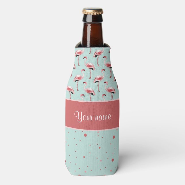 Personalisiert Pink Flamingos Polka Dots Flaschenkühler (Flaschenvorderseite)