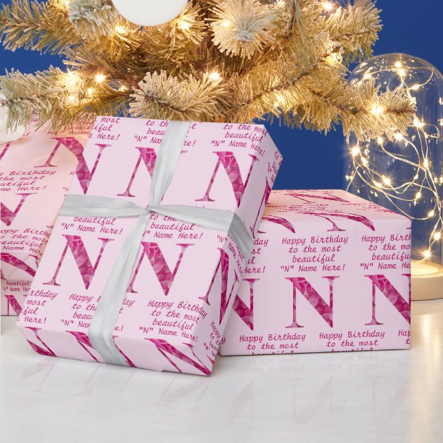 Personalisiert Pink Floral "N" Monogram Art Birthd Geschenkpapier (Feiertage)