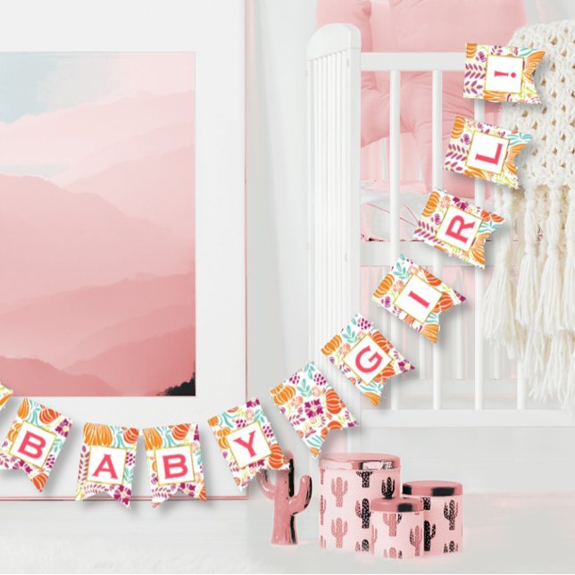 Personalisiert Pink Floral Patten Baby Girl Wimpelkette (Yout text here.  Any custom message. Enter design tool to customize more.)