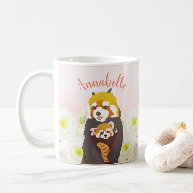 Personalisiert Pink Floral Red Panda Mama Baby Tas Kaffeetasse (Mit Donut)