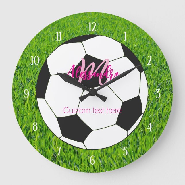 Personalisiert-Pink-Fußball-Girl Große Wanduhr (Vorderseite)