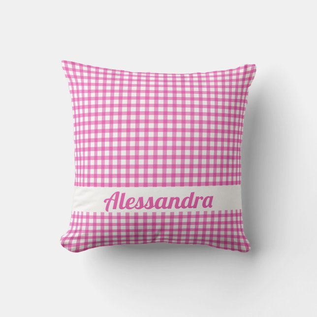 Personalisiert Pink Gingham Country Farmhouse Pilz Kissen (Vorderseite)