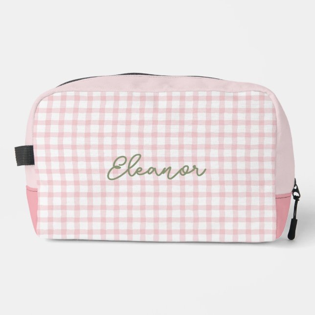 Personalisiert Pink Gingham Toilettenartikel Reise Waschbeutel (Vorderseite)