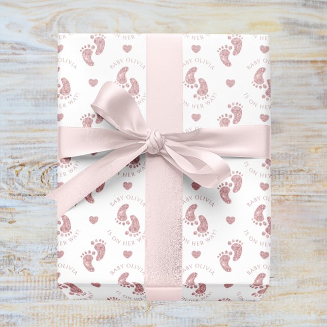 Personalisiert Pink Glitzer Baby Feet Babydusche Geschenkpapier (Pink Baby Shower Glitter Baby Footprint Wrapping Paper)