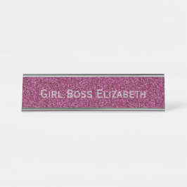 Personalisiert Pink Glitzer & Silver Girl Boss Fun Schreibtischnamensplakette