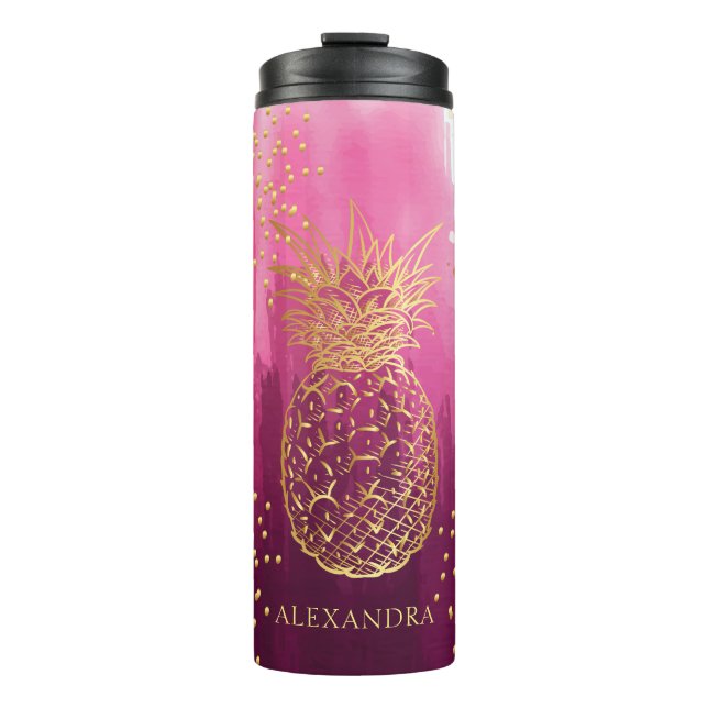 Personalisiert Pink Gold Ananas Glitzer Thermosbecher (Vorderseite)