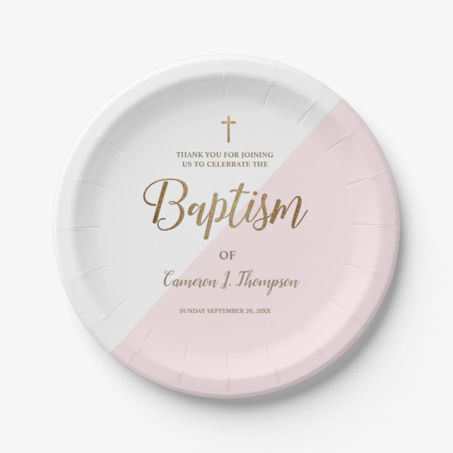 Personalisiert-pink-Gold-Cross-Baby-Taufe Pappteller (Vorderseite)