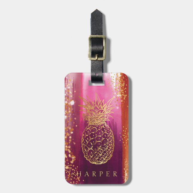 Personalisiert Pink Gold Glitzer Ananas Gepäckanhänger (Vorderseite vertikal)