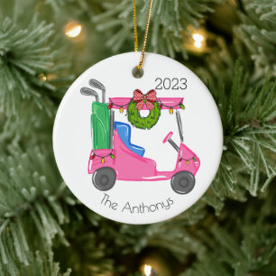 Personalisiert Pink Golf Cart Weihnachtsbeleuchtun Keramik Ornament