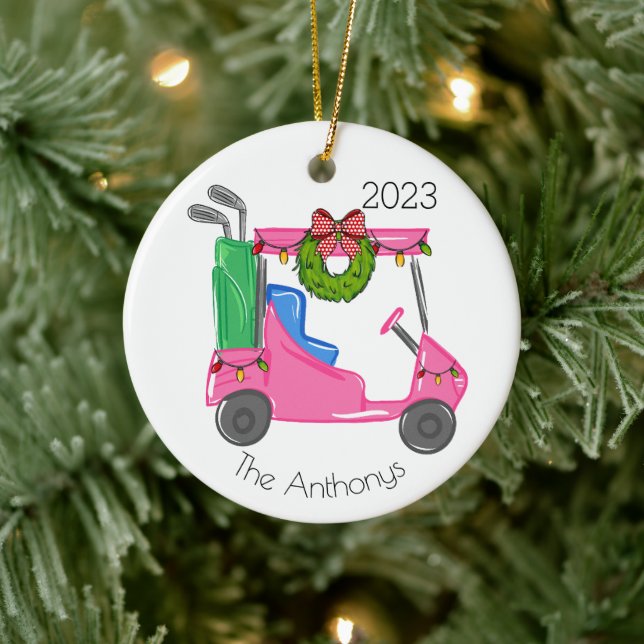 Personalisiert Pink Golf Cart Weihnachtsbeleuchtun Keramik Ornament (Baum)