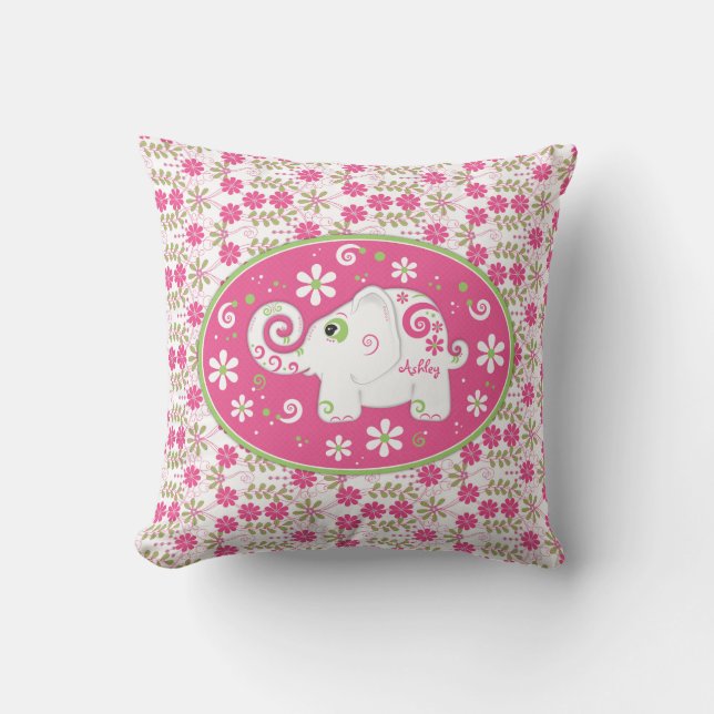 Personalisiert Pink Green Elephant Daisy Floral Kissen (Vorderseite)