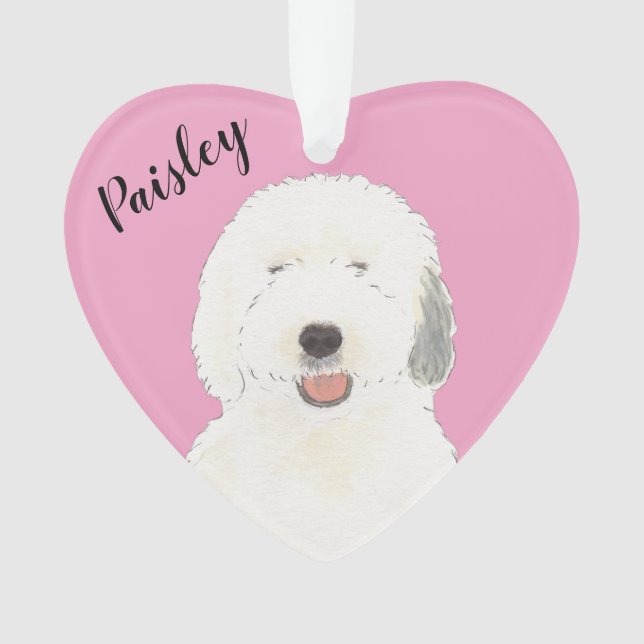 Personalisiert Pink Heart Old English Sheepdog Ornament (Vorderseite)