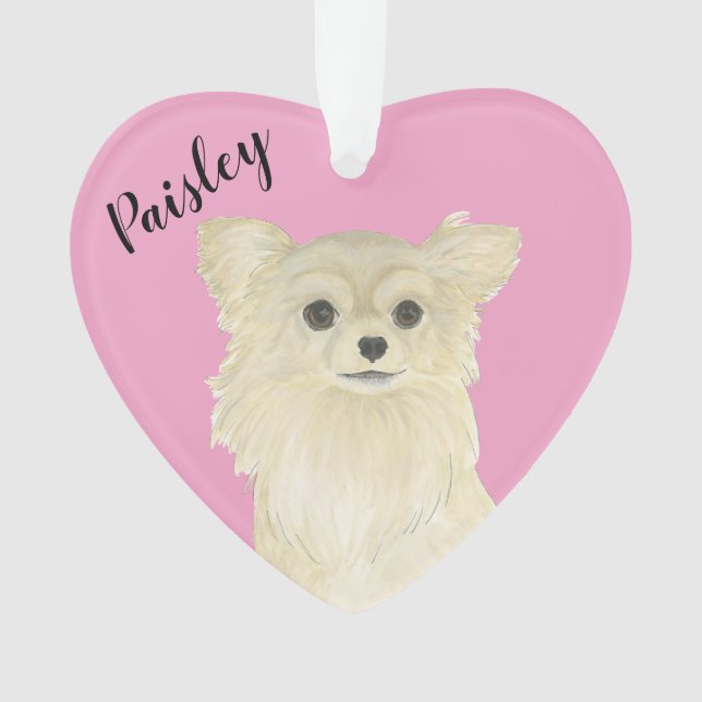 Personalisiert Pink Heart Tan Long Hair Chihuahua Ornament (Vorderseite)