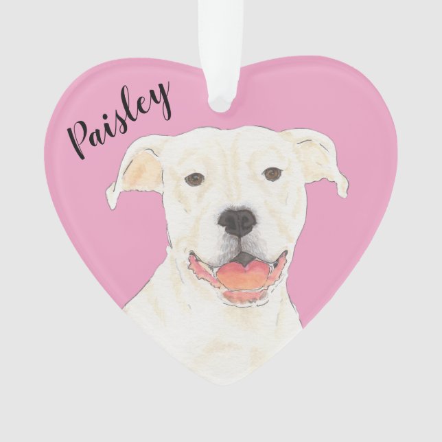 Personalisiert Pink Heart White Pitbull Staffy Ornament (Vorderseite)