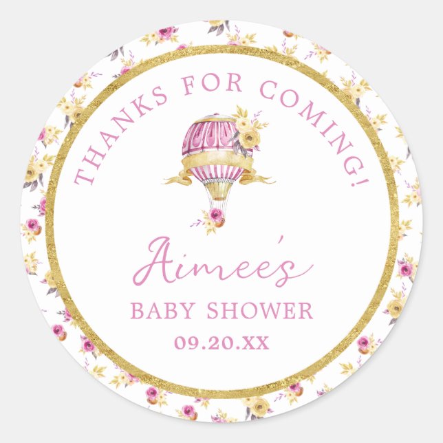 Personalisiert Pink Hot Air Ballon Babydusche Runder Aufkleber (Vorderseite)