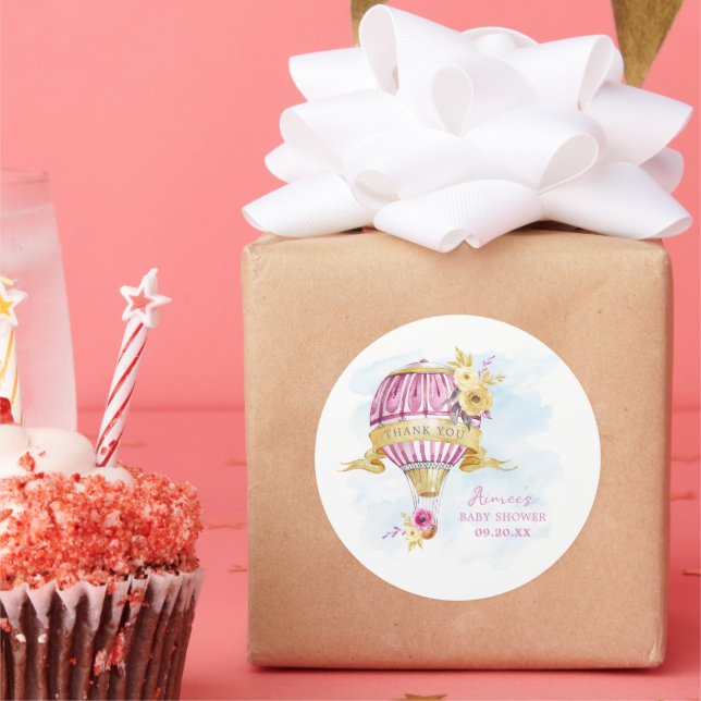 Personalisiert Pink Hot Air Ballon Babydusche Runder Aufkleber (Party)