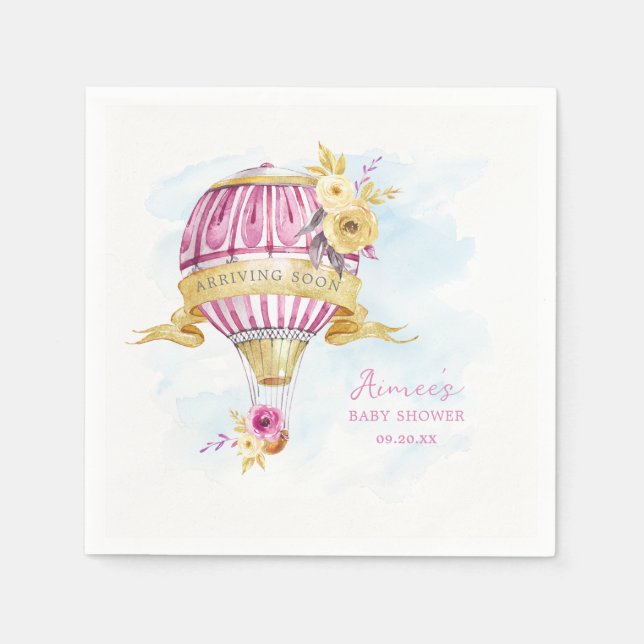 Personalisiert Pink Hot Air Ballon Babydusche Serviette (Vorderseite)