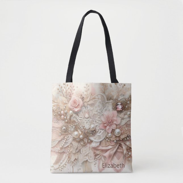Personalisiert Pink Ivory Beige Florals Hochzeit Tasche (Vorderseite)