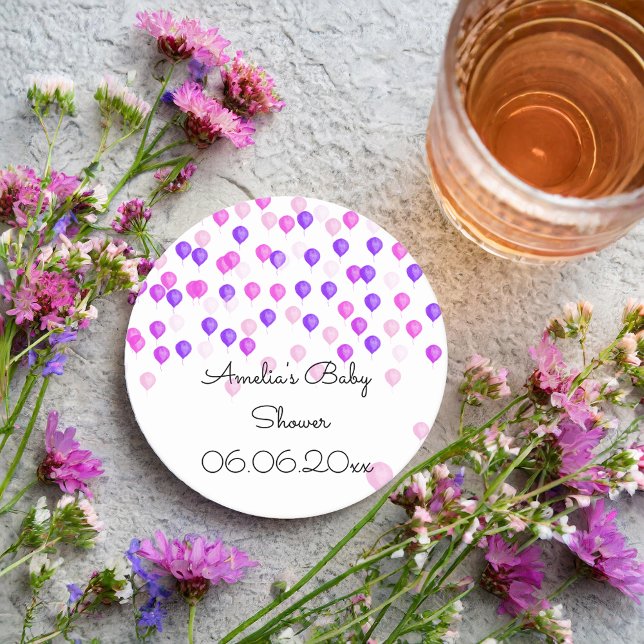 Personalisiert Pink Lila Balloon Babydusche Rechteckiger Pappuntersetzer (Von Creator hochgeladen)