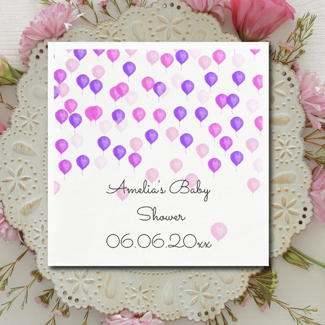 Personalisiert Pink Lila Balloon Babydusche Serviette (Von Creator hochgeladen)