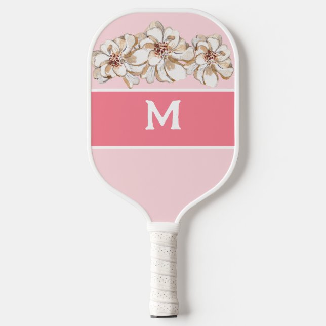 Personalisiert Pink Magnolia Mit Monogramm Pickleball Schläger (Vorderseite)