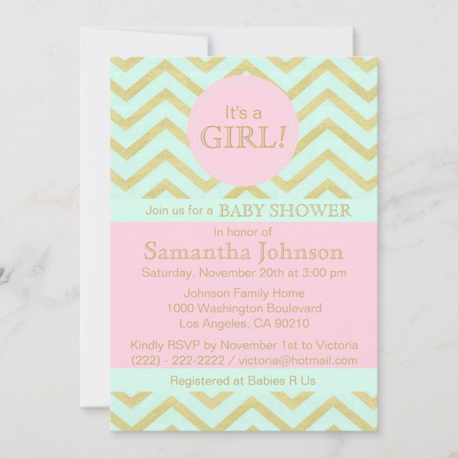 Personalisiert Pink Mint Green Gold Baby Dusche Gi Einladung (Vorderseite)