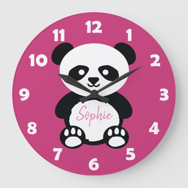 Personalisiert Pink Niedlich Panda Bär Kids Kawaii Große Wanduhr (Vorderseite)