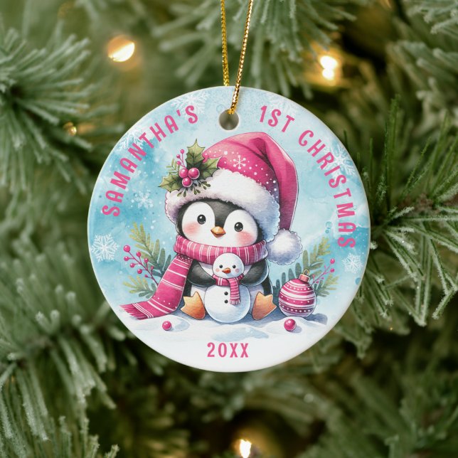 Personalisiert Pink Niedlich Pinguin Girl 1. Weihn Keramik Ornament (Baum)