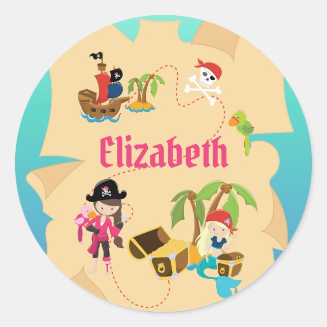 Personalisiert Pink Pirate Girl Treasage Karte Runder Aufkleber (Vorderseite)
