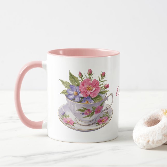 Personalisiert Pink Purple Flowers Tea Cup Tasse (Mit Donut)