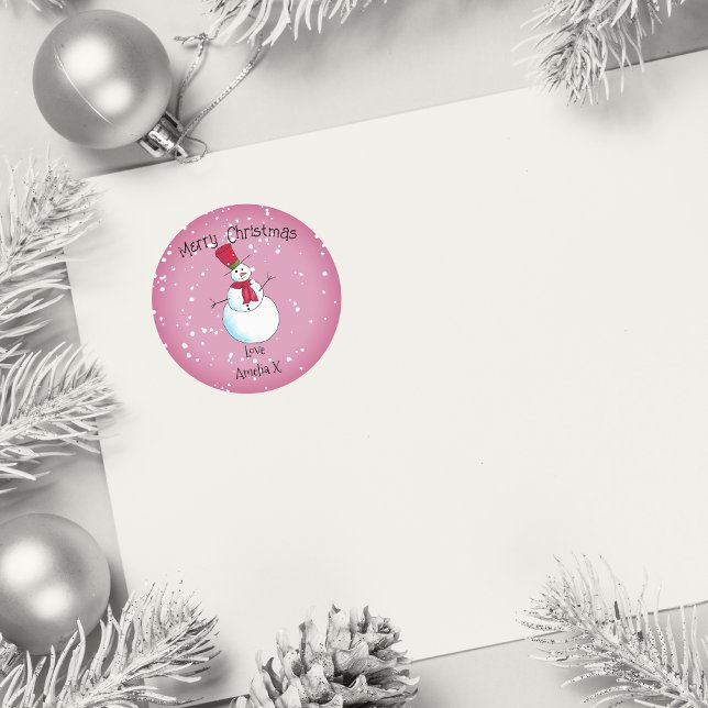 Personalisiert Pink Snowman Weihnachten Runder Aufkleber (Von Creator hochgeladen)