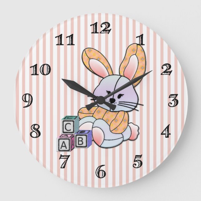 Personalisiert Pink Strip Kinderzimmer Kunst - Hüb Große Wanduhr (Vorderseite)