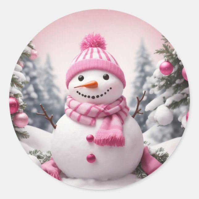 Personalisiert Pink Theme Weihnachtsschneemann Runder Aufkleber (Vorderseite)