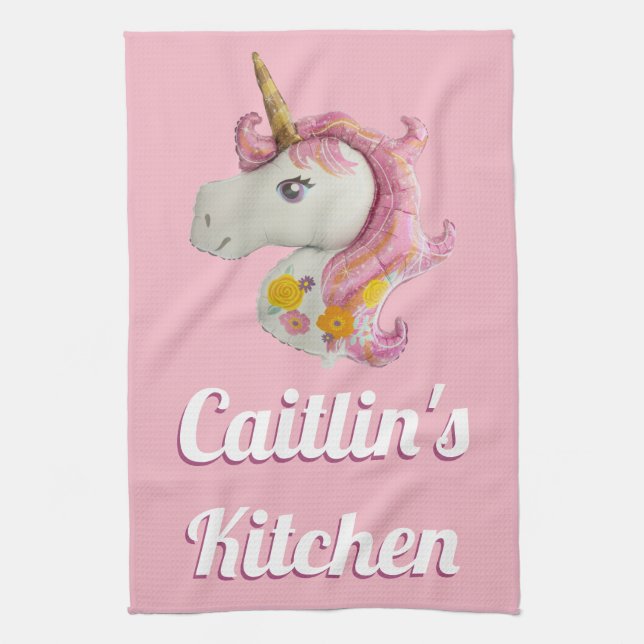 Personalisiert Pink Unicorn Balloon Girly Geschirrtuch (Vertikal)