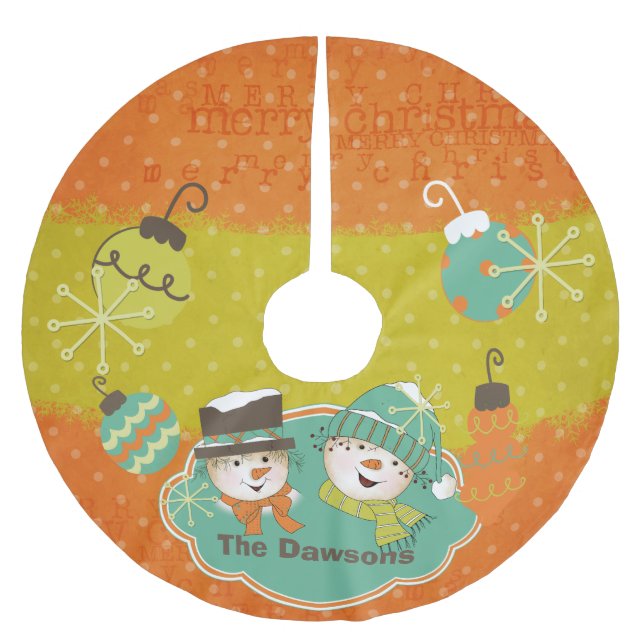 Personalisiert Polka Dot Snowmen Holiday Tree Skir Polyester Weihnachtsbaumdecke (Vorderseite)