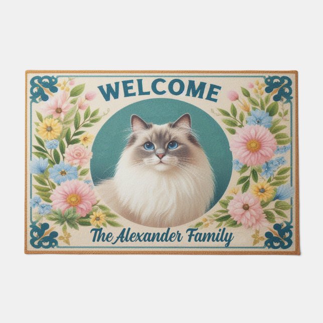 Personalisiert Ragdoll Chat Serenity Floral Willko Fußmatte (Vorderseite)