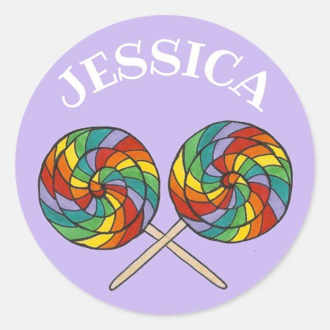 Personalisiert Rainbow Lollipop Lolly Candy Lila Runder Aufkleber (Vorderseite)