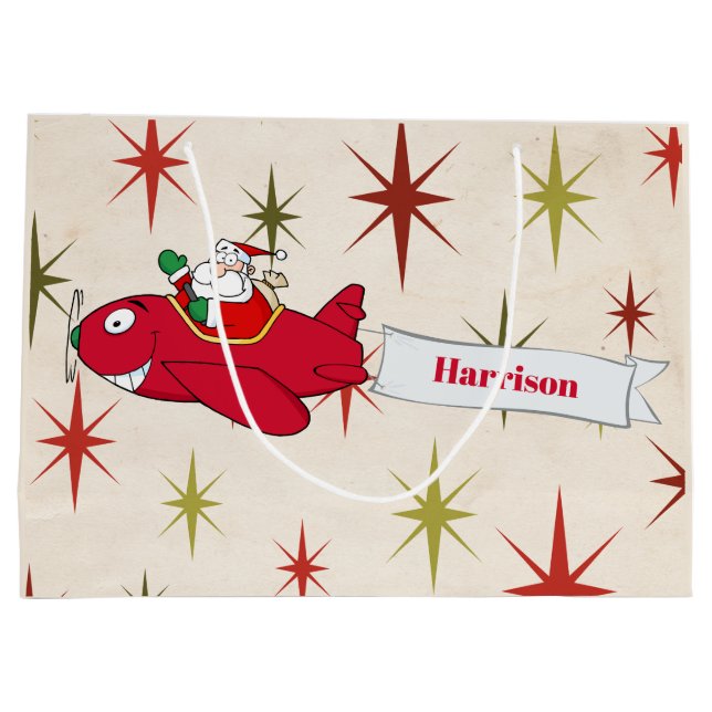 Personalisiert, Red Airplane & Santa, Frohe Weihna Große Geschenktüte (Rückseite)