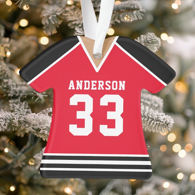 Personalisiert Red and Black Hockey Jersey Ornament (Von Creator hochgeladen)