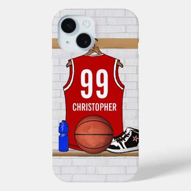 Personalisiert Red and White Basketball Jersey iPhone 15 Hülle (Rückseite)