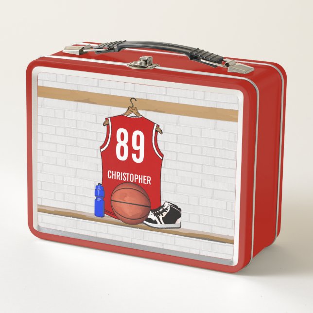 Personalisiert Red and White Basketball Jersey Metall Brotdose (Vorderseite)