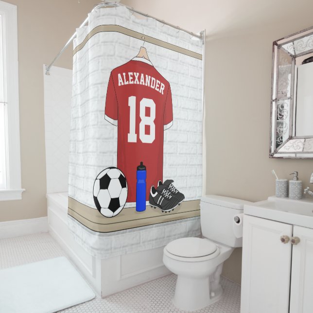 Personalisiert Red and White Football Soccer Jerse Duschvorhang (Beispiel)