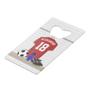 Personalisiert Red and White Football Soccer Jerse Geldbeutel Flaschenöffner