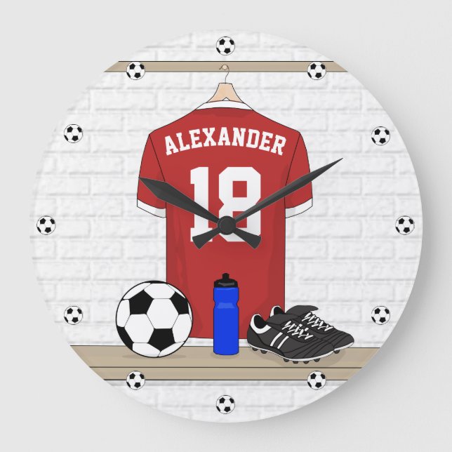 Personalisiert Red and White Football Soccer Jerse Große Wanduhr (Vorderseite)