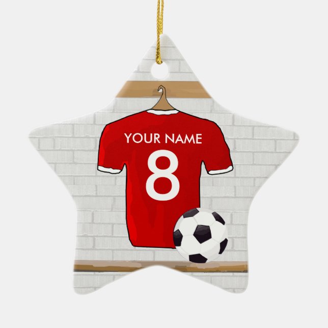 Personalisiert Red and White Football Soccer Jerse Keramikornament (Vorne)